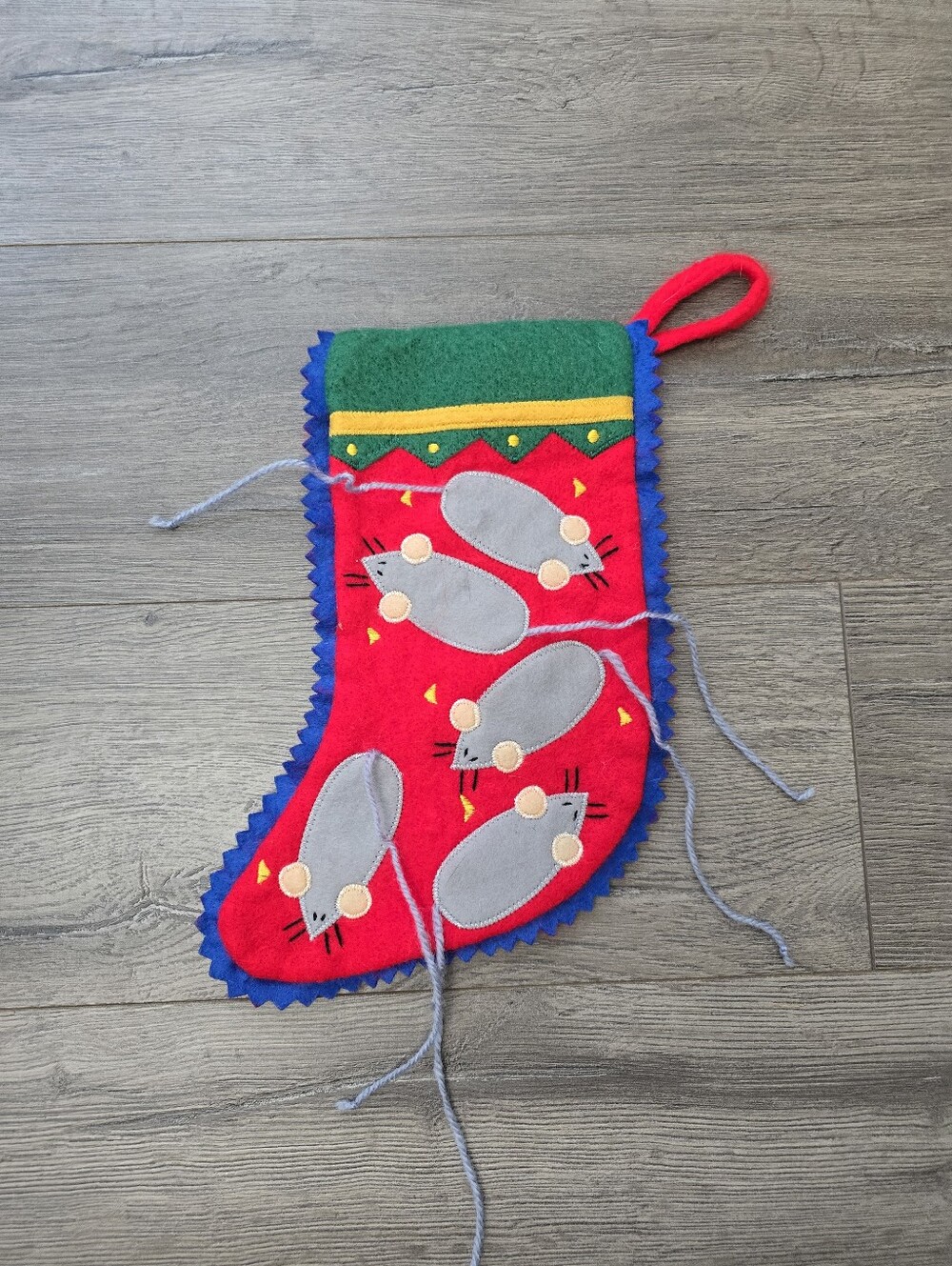 Handmade red and green felt Christmas stocking Gray Mice Holiday Christmas